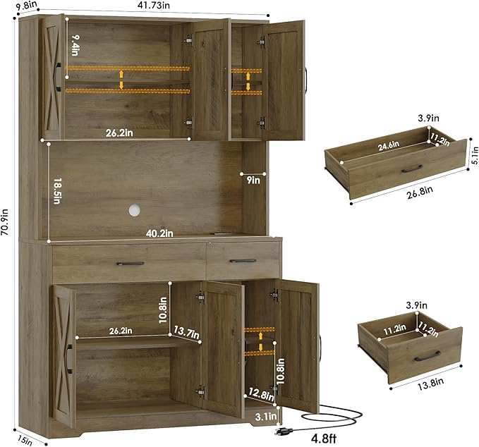 HOSTACK 71" Pantry Cabinet with Charging Station, Tall Kitchen Pantry Storage Cabinet with Microwave Stand, Farmhouse Kitchen Hutch with Storage Drawers for Living Room, Dining Room, Rustic Brown