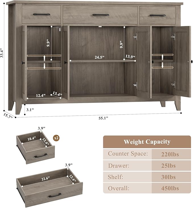 HORSTORS 55" Buffet Cabinet, Modern Farmhouse Sideboard Buffet with Drawers, Large Kitchen Storage Cabinet with Adjustable Shelves, Wood Coffee Bar for Kitchen, Dining Room, Living Room, Grey