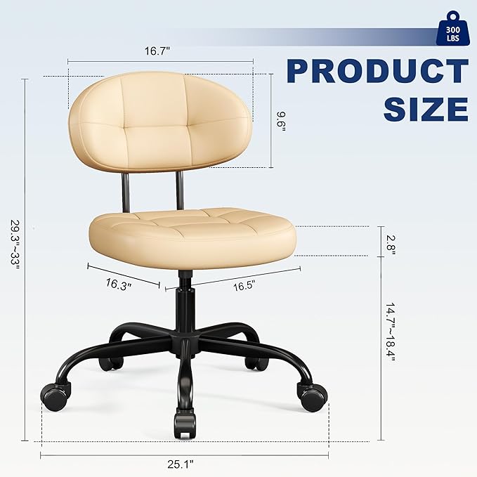 Misolant Vanity Chair with Back, Small Armless Cute Office Chair with Wheels and Lumbar Support, Comfy PU Leather Desk Computer Chairs with Adjustable Height, 360° Swivel for Home Bedroom, Khaki