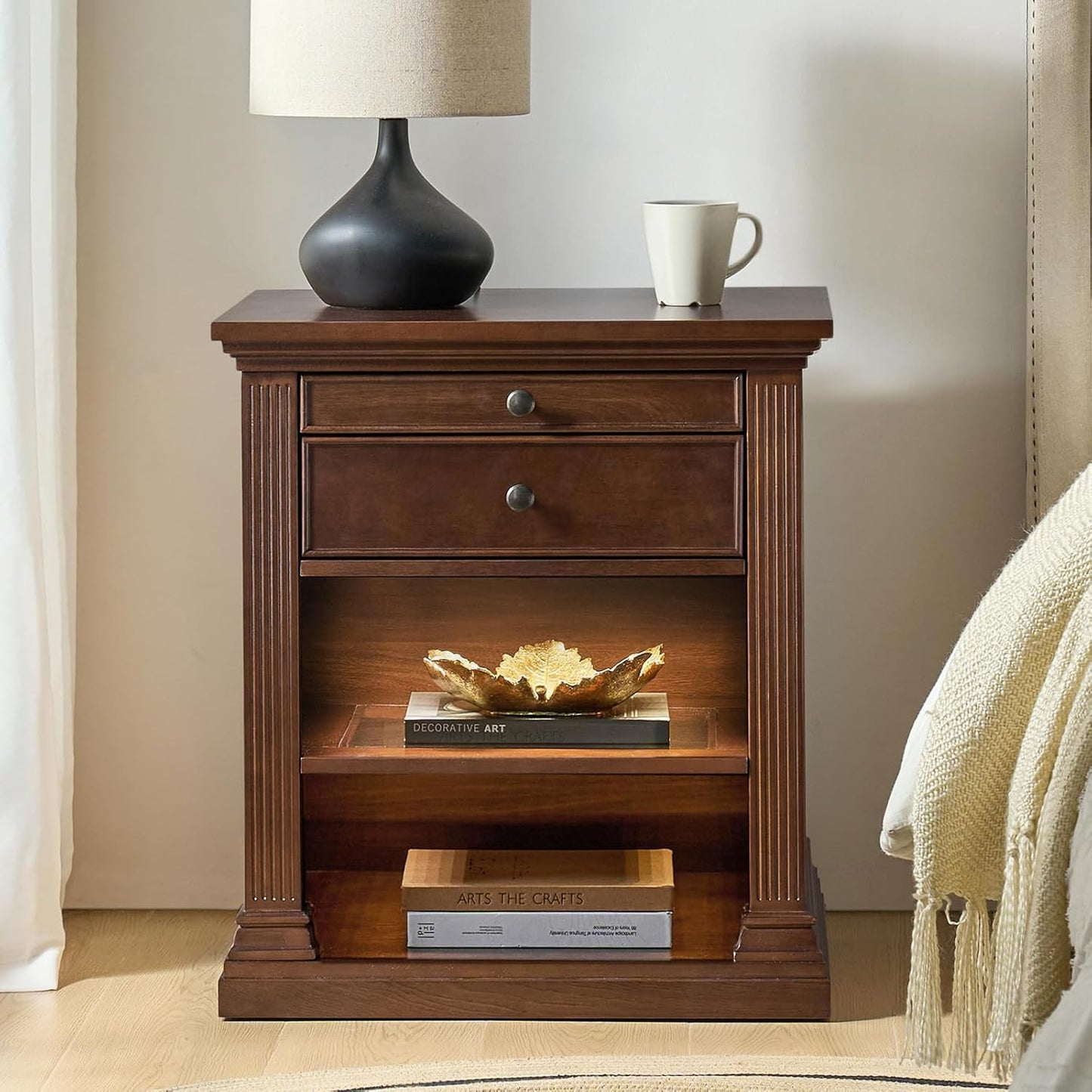 HULALA HOME Wood Nightstand with Tray and Storage Shelves, Traditional Design with Roman Column, End Table with Charging Station/LED, WALNUTT