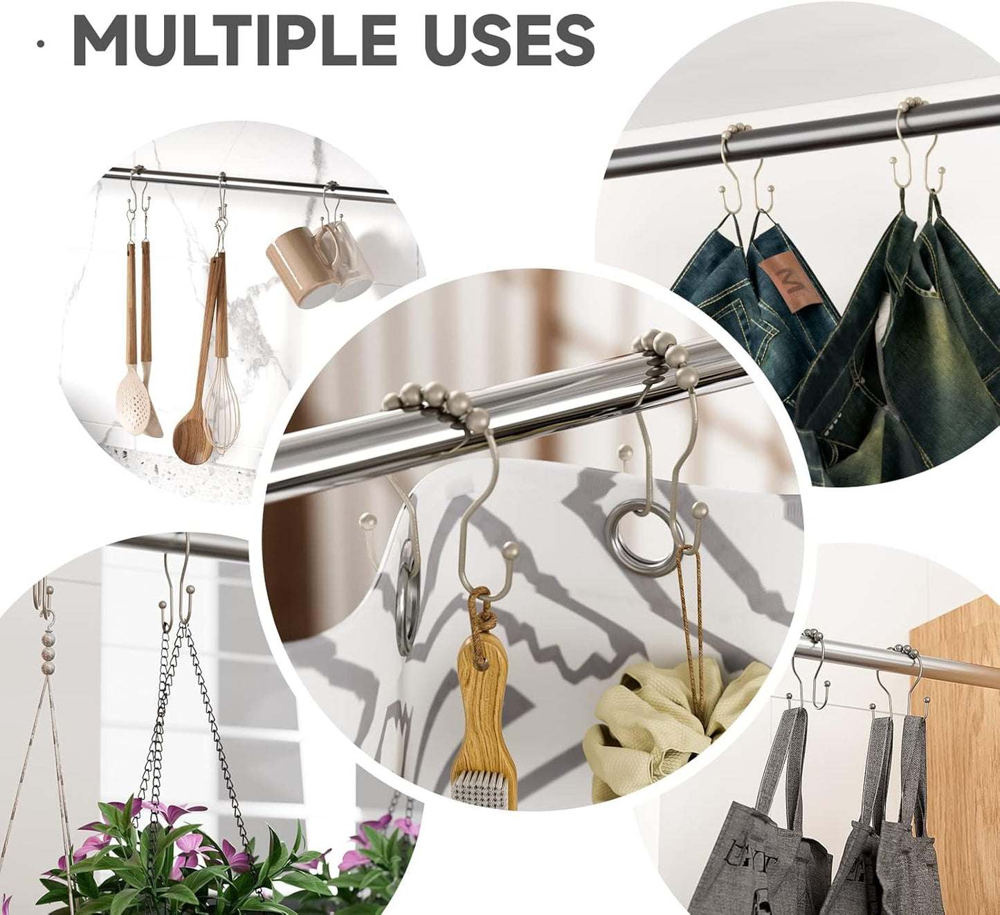 Shower Curtain Hooks Rust Proof Shower Curtain Rings, Smooth Glide Double Hook Shower Curtain Hooks,Shower Hooks for Shower Curtain Matte Nickel Shower Rod Hooks Shower Curtain Hangers 12Pcs