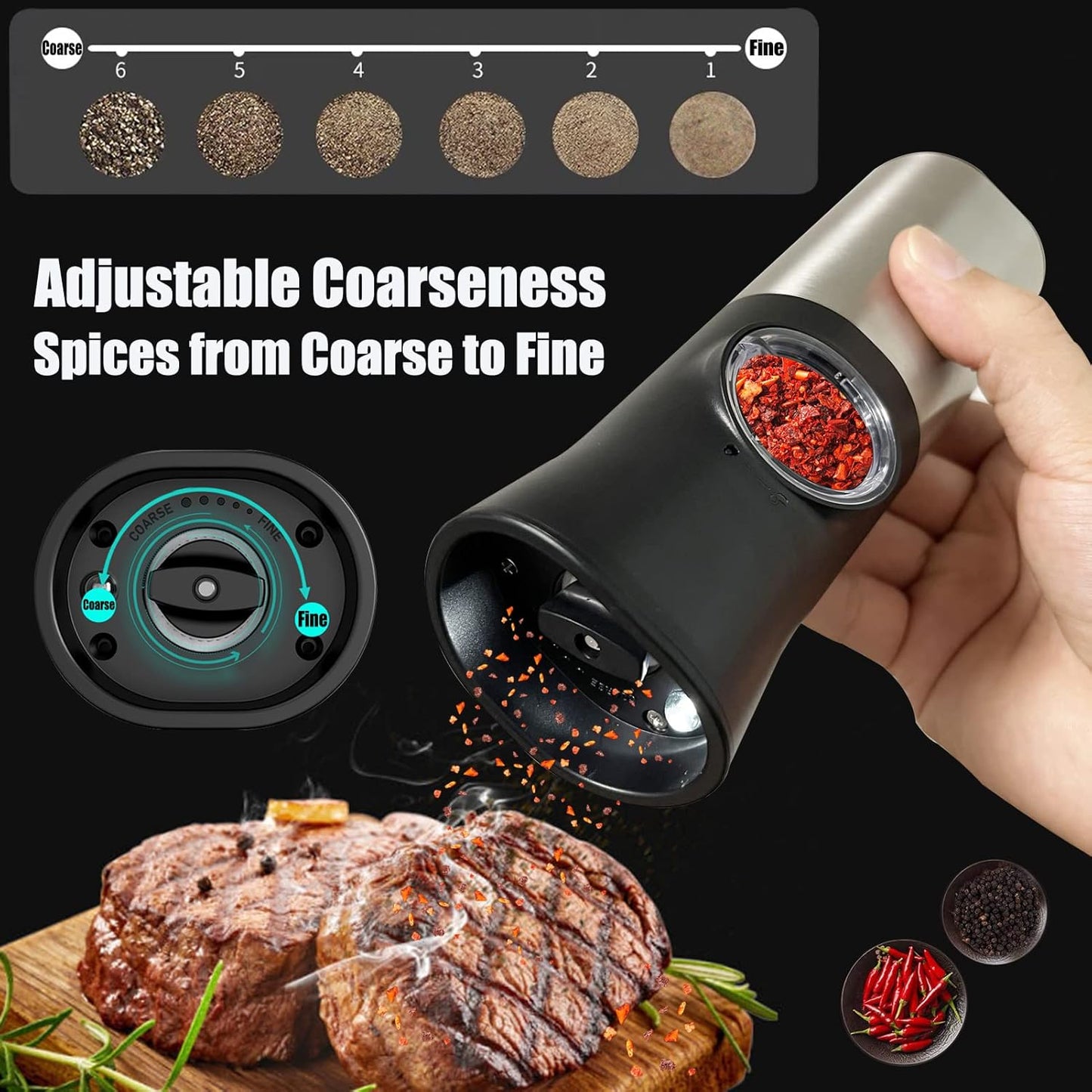 Gravity Electric Salt and Pepper Grinder Set with Battery Operated, Automatic Salt and Pepper Grinder Set with Dustproof Cover, Stainless Steel with Adjustable Ceramic Grinder,One Hand Operation
