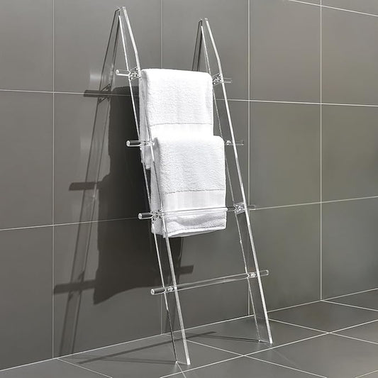 67 in Blanket Ladders, 4 Tier Modern Decor Waterproof Towel Rack for Bathroom, Living Room and Bedroom, Easy Assembly Transparent Blanket Holder, Leaning Quilt Ladder with Anti Slip Pads