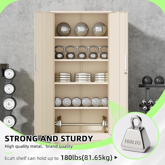 SUNCROWN 72" Metal Storage Cabinet - Heavy-Duty Metal Garage Cabinet with 4 Adjustable Shelves & 2 Doors for Tools, Office, Home, Workshop,Warm Grey-Small