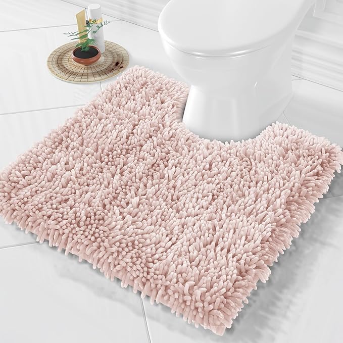 Yimobra Toilet Rugs U Shaped Washable, Extra Thick Soft Absorbent Chenille Contour Bathroom Rugs for Toilet 24x24 Inch, Quick Dry Non Slip Toilet Mat for Bath Floor, Pink