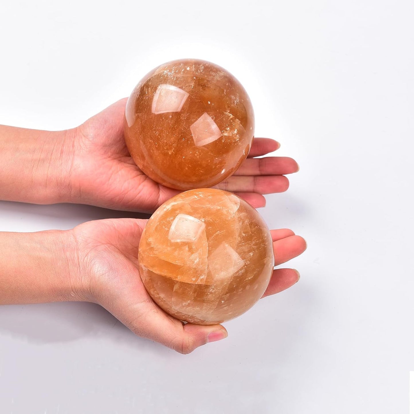 JIC Gem Stripe Orange Calcite Decorative Ball Healing Crystal Sphere with Wood Stand for Fengshui and Decoration (70-80mm)