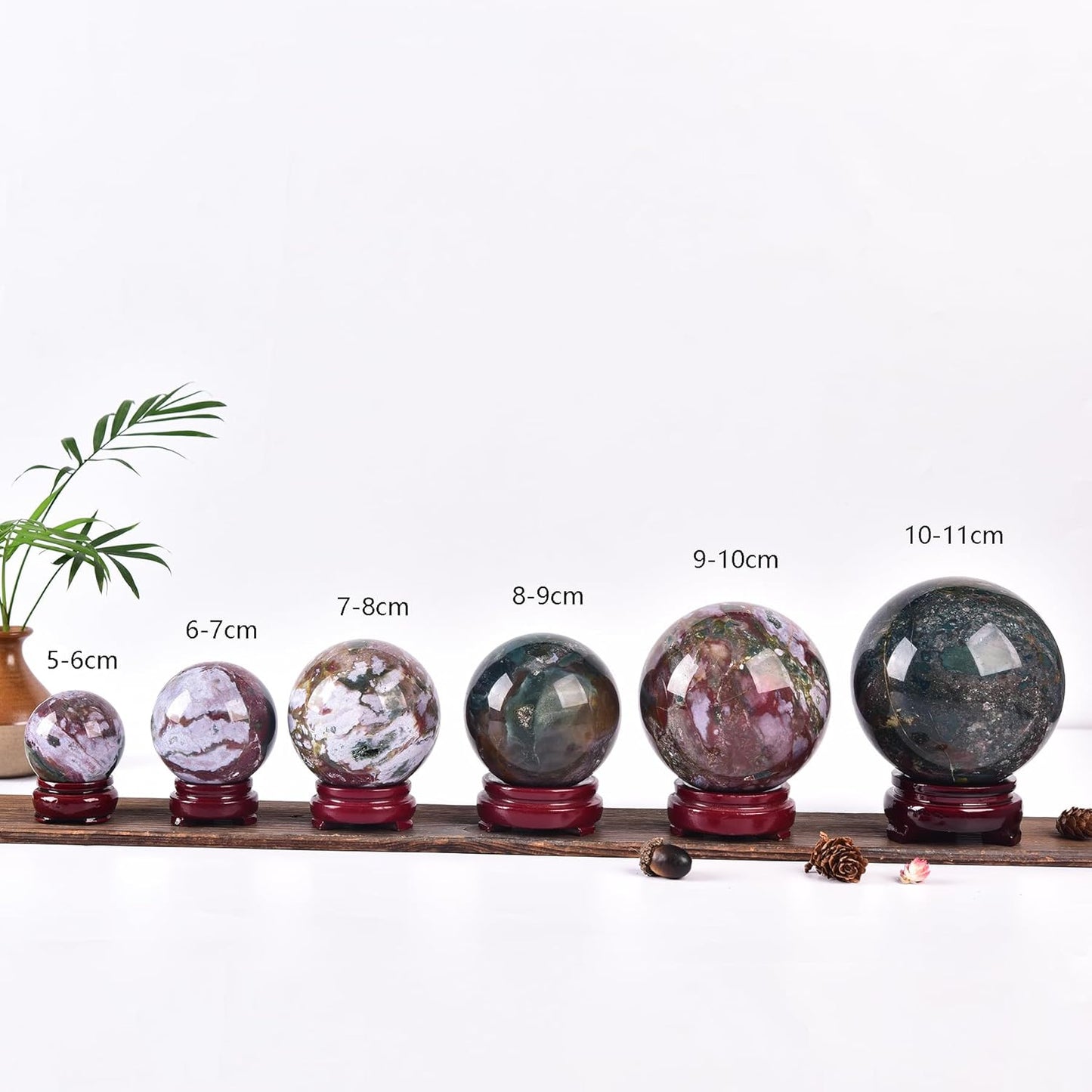 JIC Gem Natural Ocean Jasper Crystal Sphere Crystal Decorative Ball with Wooden Stand Meditation Balls for Witchcraft Reiki Healing Gift 60-70mm