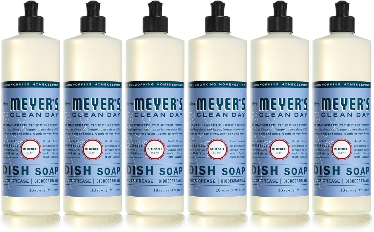 MRS. MEYER'S CLEAN DAY Liquid Dish Soap, Biodegradable Formula, Bluebell, 16 fl. oz - Pack of 6