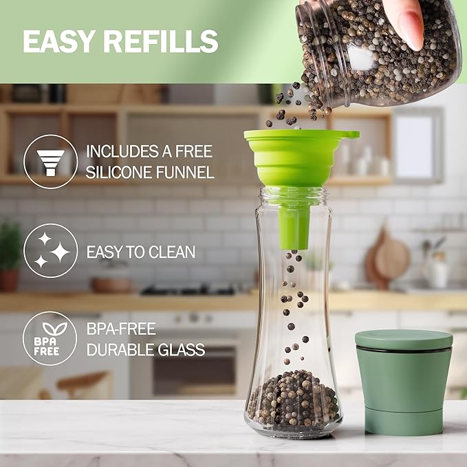 Home EC Premium Green Sea Salt and Pepper Grinder Set of 2 - Adjustable Ceramic - Tall Glass Salt and Pepper Shakers - Kitchen Pepper Mill & Salt Mill W/Funnel & EBook