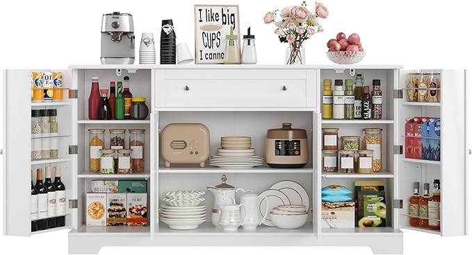 HITHOS 54" Buffet Cabinet with Storage, Modern Kitchen Buffet Sideboard with Drawer, Wood Coffee Bar Station with Adjustable Shelves, Kitchen Storage Cabinet for Living Room, White