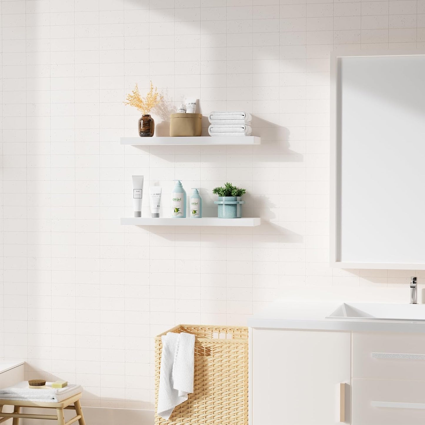 Bellsal Floating Shelves - White Engineered Wood Wall Shelf Set of 2, 24" Wall Mounted Floating Shelf for Kitchen, Living Room, Bedroom, Bathroom Storage, Book Shelf for Home Decor