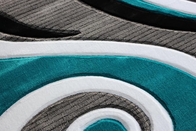 Masada Rugs, Sophia Collection Hand Carved Area Rug Modern Contemporary Turquoise White Grey Black (5 Feet 3 Inch X 7 Feet)