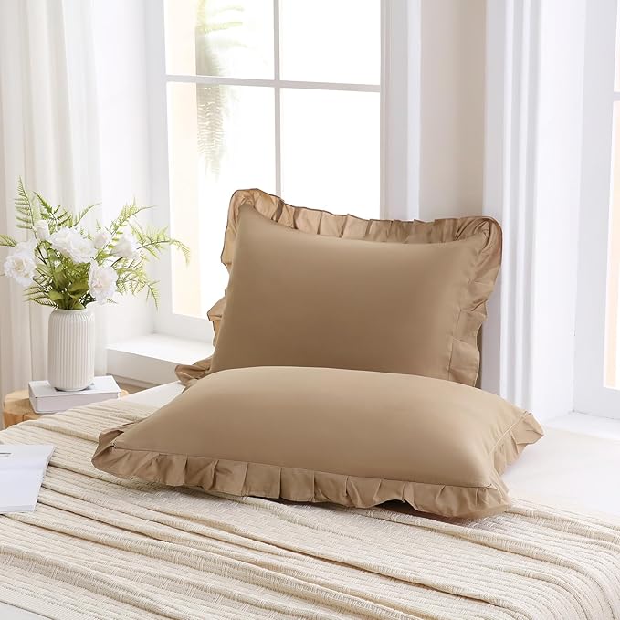 Merryword Taupe Pillowcases King Size Ruffled Pillow Shams Set of 2 Cute Pillowcases Taupe Shabby Chic Pillow Cover 2 Pack