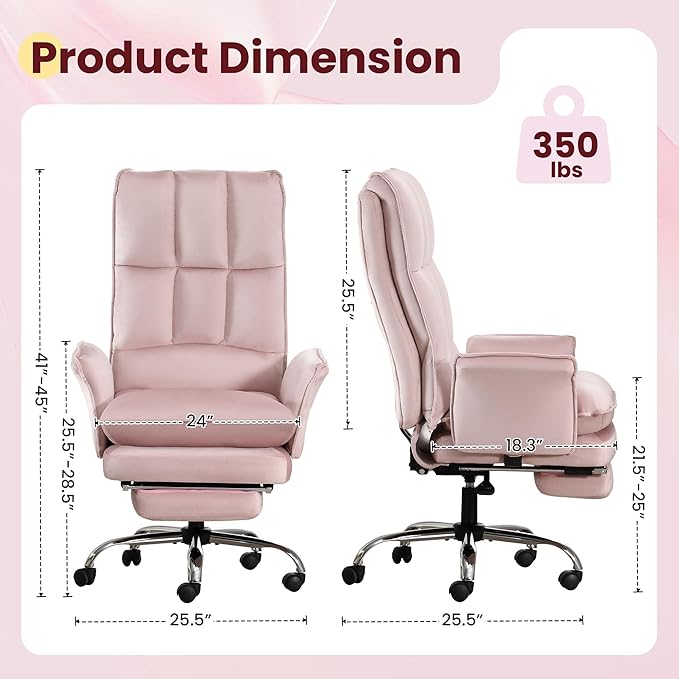 Office Chair, Modern Home Office Desk Chairs with Wheels and Retractable Footrest, Adjustable Backrest Velvet High Back Office Chair, Computer Chairs for Bedroom (Light Pink)