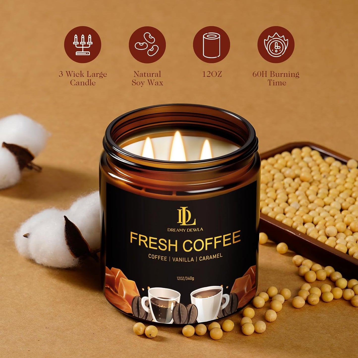 Fresh Coffee Scented Candle, 12oz 60 Hour Long Lasting Candles, Large 3 Wick Natural Soy Candles for Home Scented, Candle Gifts for Women Men