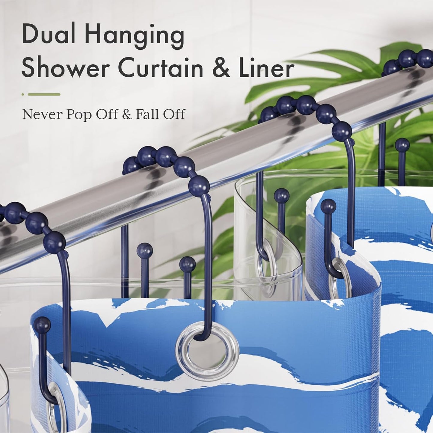 AmazerBath Shower Curtain Hooks, Navy Blue Shower Curtain Rings Rust Proof Non-Slip Double Hook Shower Curtain Hooks for Shower Curtain, Sturdy Shower Curtain Rings, Metal Shower Hooks Ring 12Pcs