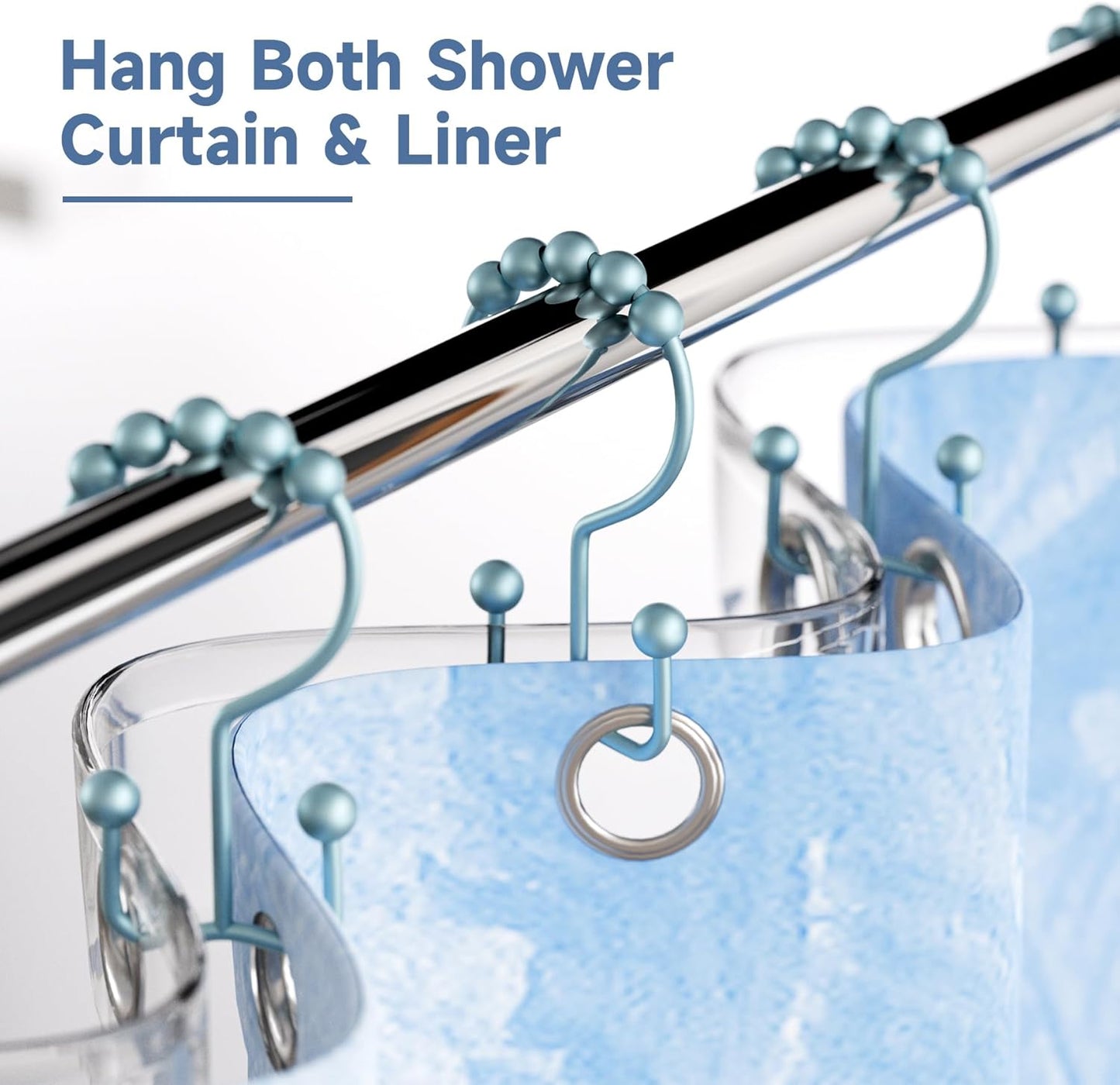 Titanker Shower Curtain Hooks Rings, Rust-Resistant Metal Double Glide Shower Hooks for Bathroom Shower Rods Curtains, Set of 12 Hooks - Lightcyan