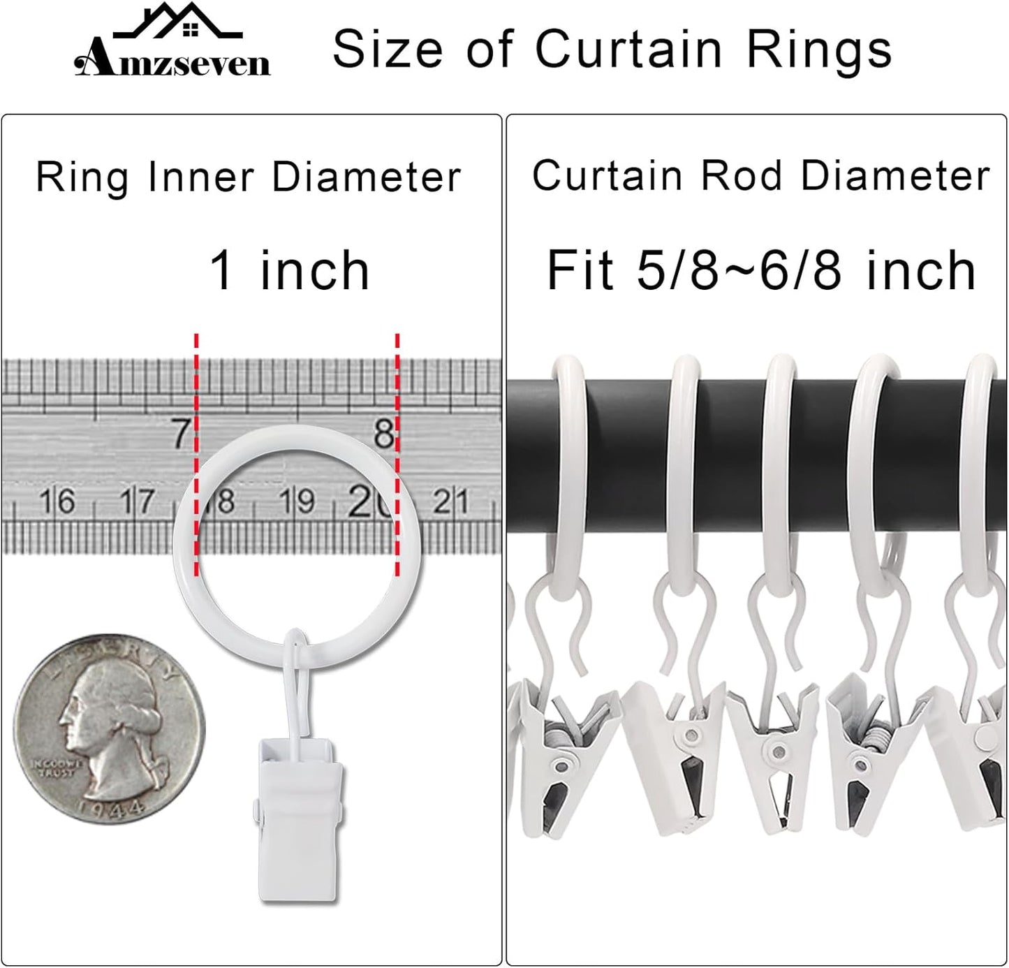 44 Pack Metal Curtain Rings with Clips, Drapery Clips with Rings, Drapes Rings 1 inch Inner Diameter, Fits Diameter 5/8 inch Curtain Rods, White