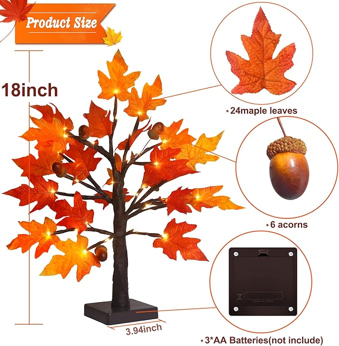 FastDeng 1.5ft Lighted Maple Tree-Artificial Fall Tree Light, Timer 36 LED Warm White Autumn Tabletop Tree Lights Battery Operated for Indoor Fall Harvest Home Decor, Thanksgiving Decorations (2Pack)