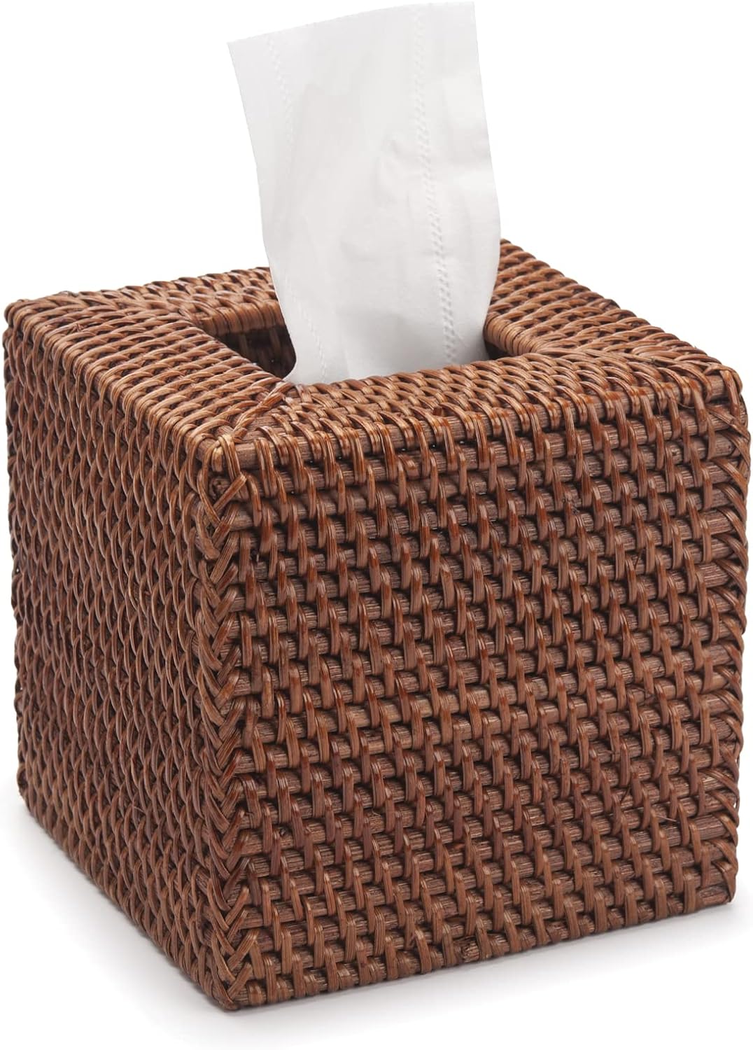 Rattan Tissue Box Cover Natural Woven Facial Napkin Holder Square (Honey Brown, 5.5x5.5x5.9 Inch)
