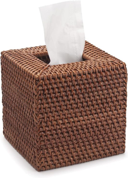 Rattan Tissue Box Cover Natural Woven Facial Napkin Holder Square (Honey Brown, 5.5x5.5x5.9 Inch)