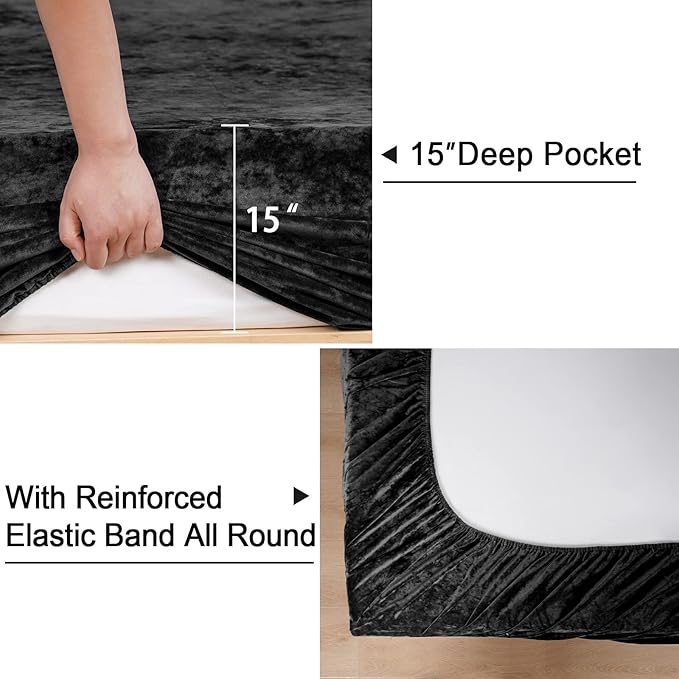 PHF Truly Velvet Fitted Sheet Only King Size, Luxury Super Soft Cozy Fuzzy Flannel Bottom Sheet, Deep Pocket Up to 16",Strenghth Elastic Band,Suitable for Fall Winter Spring, No Pillowcases, Black