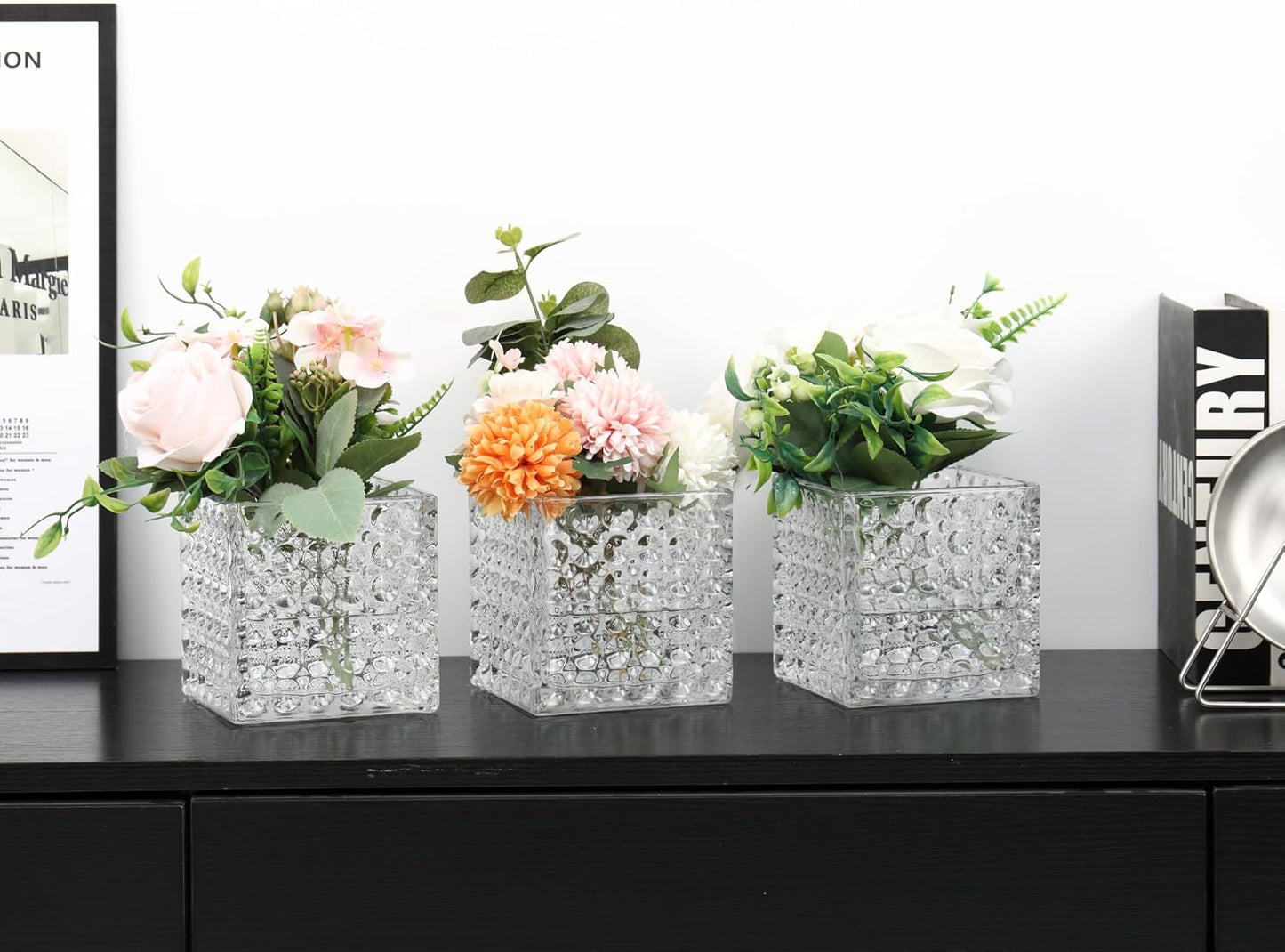 Square Vases Set of 6, 4" x 4" x 4" Square Glass Vases for Flowers, Clear Flower Vase for Centerpieces, Small Bubble Vase for Wedding, Party, Home, Office, Parties, Events