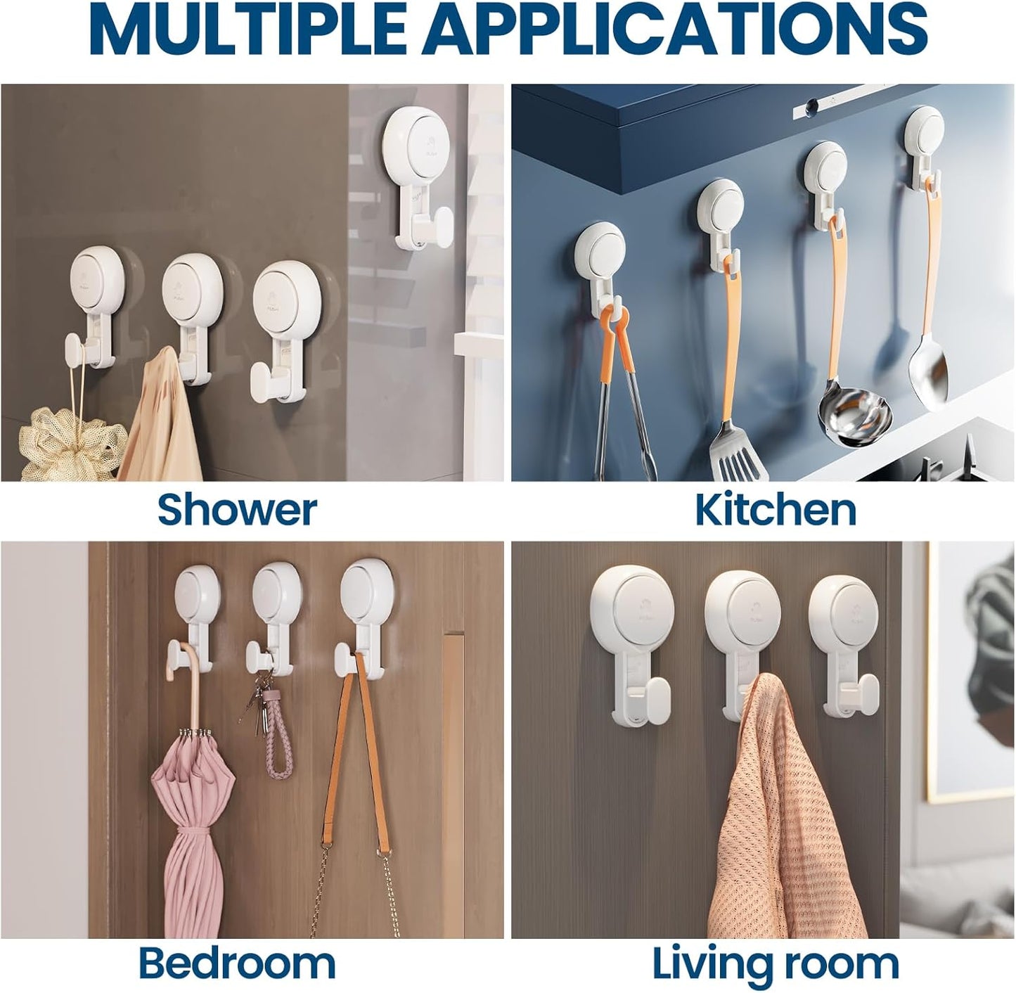 TAILI Suction Towel Hook for Bathroom, Damage-Free Hanging Hooks for Inside Shower Wall, Powerful Vacuum Suction Cup Shower Holder for Towel, Loofah, Cloth, Easy to Install and Remove, White, 4 Pack