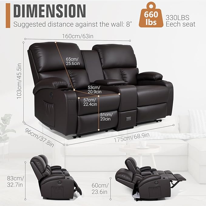 Home Theater Seating,RV Recliner Sofa with Massage and Heat,Manual RV Recliner Loveseat with USB/Cup Holders and Side Pocket for Living Room,Loveseat Brown