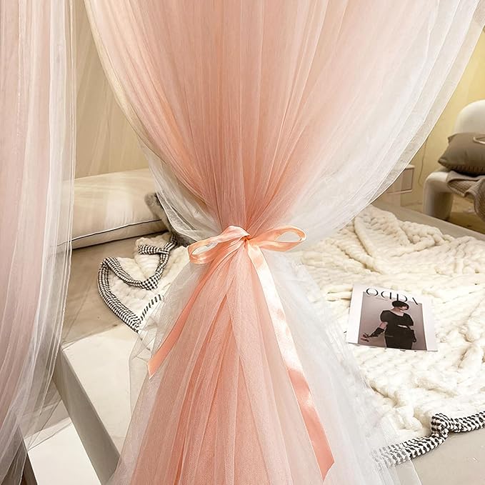 Kertnic Dreamy Bed Canopy for Girls, Princess Canopy Curtains Double Layer Sheer Mesh, Kids & Adults Canopies Netting Room Decor Tent Mosquito Net for Queen King Bed (Double Layer-Beige Pink)