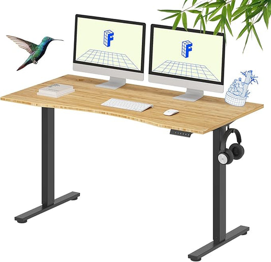 FLEXISPOT EN1 Bamboo Standing Desk, 55 x 28 Inches Whole-Piece Electric Adjustable Height Sit Stand Table, Home Office Stand Up Desk (Black Frame + Bamboo Curved Desktop, 2 Packages)