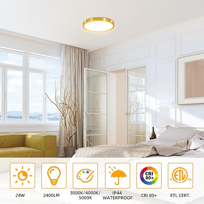 Hlite 6pack 12 inch Flush Mount LED Ceiling Light Fixture,24W 2400LM Super Slim Light Fixtures Ceiling Mount 3000K/4000K/5000K 3CCT Selectable,Ceiling Light Fixtures for Kitchen,Bedroom (Gold)