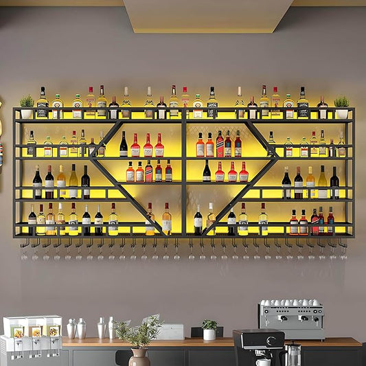 63in Wall Mounted Wine Rack, Large Metal Wine Bottle Holder, 4 Tier Modern Fashion Diamond Shaped Floating Bar Unit Wine Storage Shelves, for Home Restaurant Bars Decor (Black, 4 Tier - 63in)