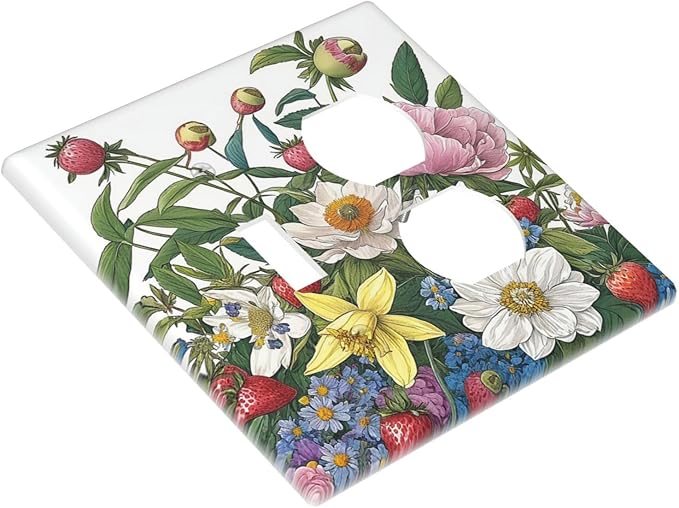 Spring Watercolor Flower Plant Strawberry Peony Floral Wallplates 1 Toggle 1 Duplex Electrical GFCI Faceplate Decorative Light Switch Covers Switch Plate for Bedroom living Room Decor