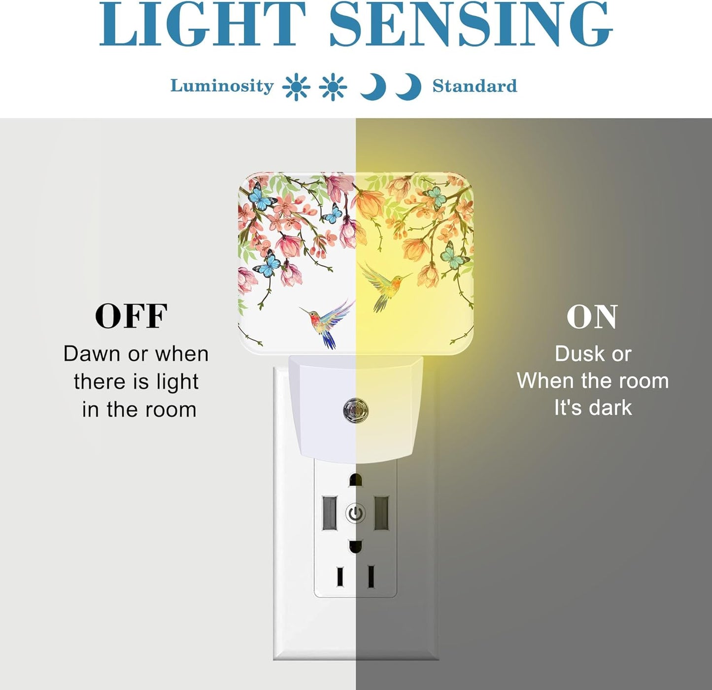 Hummingbird and Blue Butterfly Plug in Night Lights, Wisteria Flowers Nightlight Plug Into Wall Dusk to Dawn Sensor for Kid Girls Boys Women Bedroom,Hallway,Kitchen,Bathroom,Stairs Decor