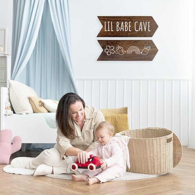 Baby Girl Nursey Wall Decor - 2 pcs 14" x 5" Babe Cave Sign, Baby Girl Room Decorations Wall Art, Woodland Nursery Decor, Brown