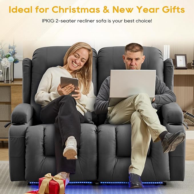 IPKIG 54" Power Reclining Loveseat Sofa, Electric Home Theater Seating with 4 Colors Ambient Lighting/USB Ports/Cup Holders for Living Room, Bedroom, Home, RVs(Dark Grey, 2 Seater)