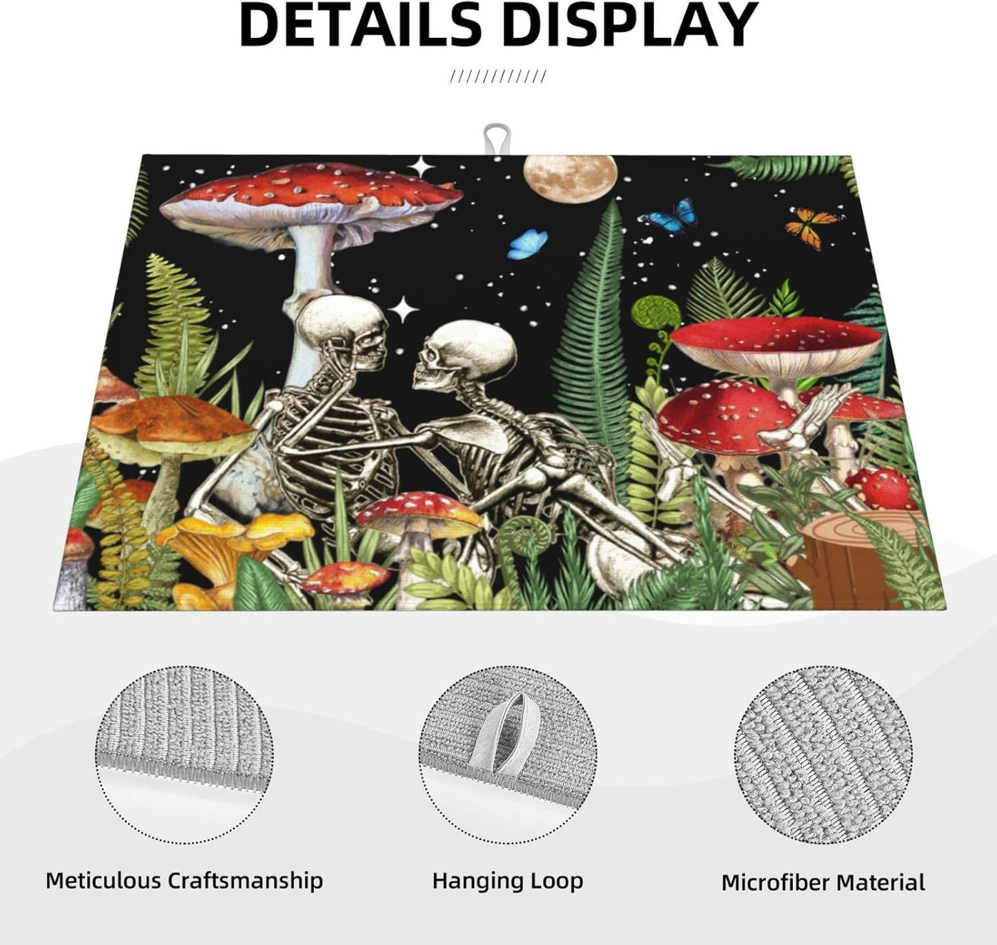 Red Mushroom Skull Dish Drying Mat 18x24 For Kitchen Counter Absorbent Microfiber Dishes Pad Dish Drainer Rack Mats Fast Dry Kitchen Accessories