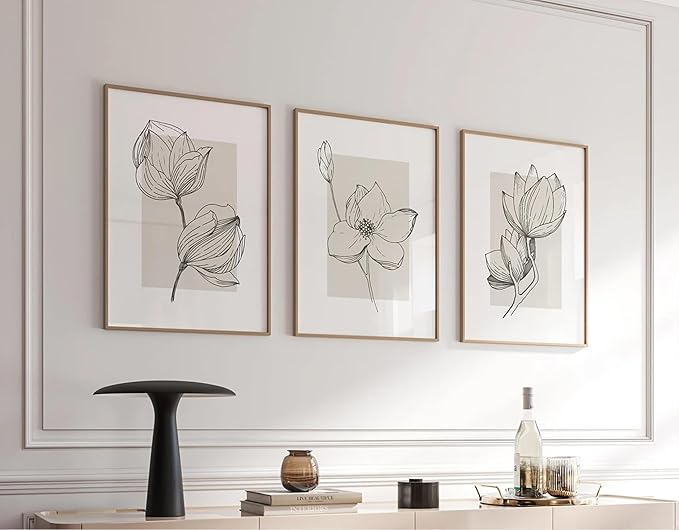 3Pcs Neutral Botanical Canvas Wall Art Beige Simple floral Painting Pictures Wall Decor Vintage Line flower Poster Print Artwork for Living Room Bedroom Bathroom Scene Home Decoration Unframed