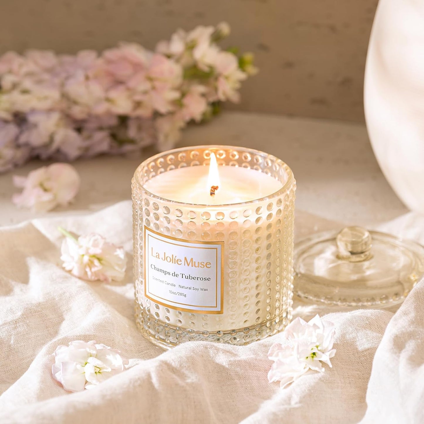 LA JOLIE MUSE Champs de Tuberose Scented Candle - Ylang, Tuberose, Orange Blossom | 10 oz Natural Soy Wax | 55 Hours Clean Burn | Floral Scented Candle | Gift-Ready for Hosts & Gatherings