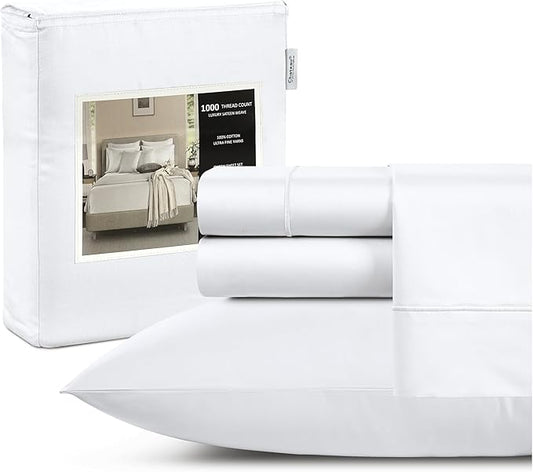 100% Cotton Luxury Sheets - Full Size Bed Set, Breathable & Cooling, Deep Pocket Sheets & Pillowcases, 1000 Thread Count, White