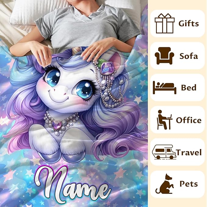 Unicorn Blanket for Girls 6-8 Custom Blanket for Women Adult Gift for Unicorn Lovers, Cozy Fuzzy Flannel Throw for Bed Sofa Room Decor Travel