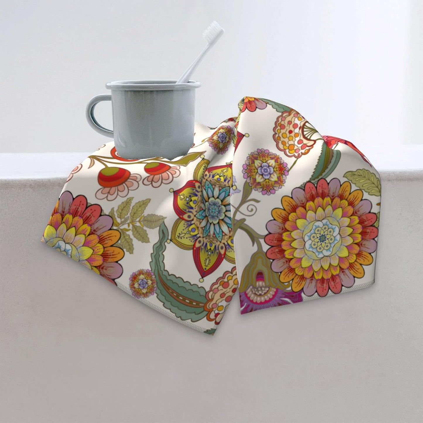 Boho Floral Hand Towels for Bathroom, Colorful Flowers Decorative Bath Towels for Yoga Swim Hotel Spa Kitchen Home Bathroom Decor 14x28 Inch 2 Piece