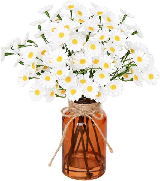 Artificial Daisy Flowers in Amber Glass Vase with Faux Water,9Pcs White Artificial Silk Flowers with Stems for Centerpiece (Daisy)