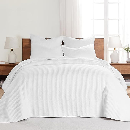 Levtex Home Cross Stitch Reversible Twin Bedspread Set (84x104in) with 1 Pillow Sham (26x20in) - Stitch Texture - Bright White - Cotton Twin Size Bedspread Set - Lightweight, Soft, Pre-Washed