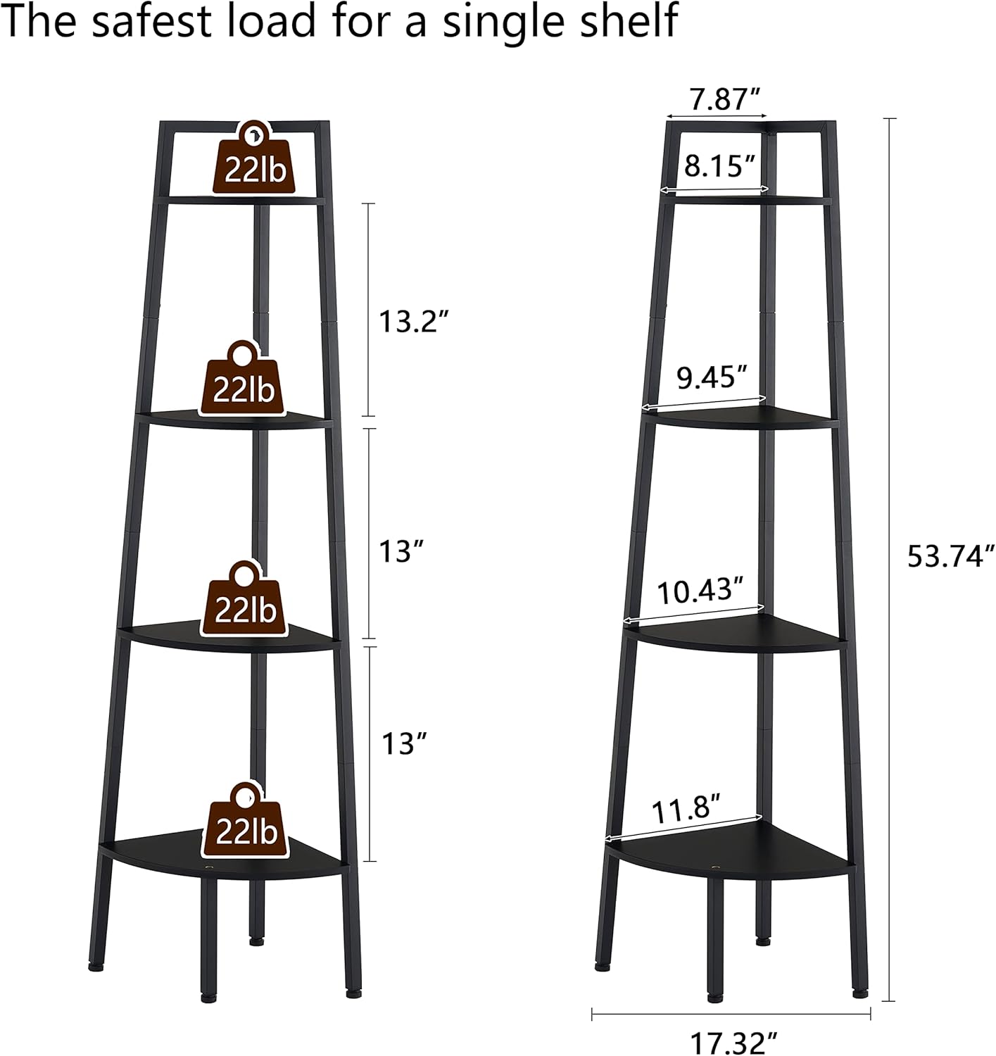 Hoctieon Corner Shelf, 4-Tier Corner Bookshelf, Rustic Ladder Shelf, Industrial Display Stand for Living Room, Kitchen, Home Office, Balcony, Small Space, Metal Frame, Black