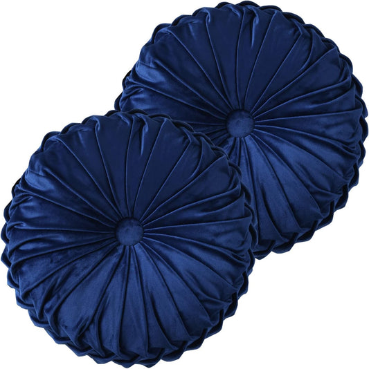HIG Set of 2 Decorative Round Pleated Throw Pillows, Classy Accent Pumpkin Throw Pillows with Center Button, Vintage Velvet Floor Pillows for Sofa Couch Vanity Chair Bed, Navy, 14.5" Diameter(Ripple)