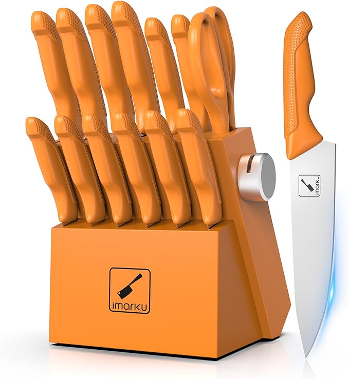 imarku Knife Set, Sharp Block Knife Set with Built-in Sharpener, Japanese Stainless Steel with Non-Slip Ergonomic Handle, Dishwasher Safe, Kitchen Gifts for Man Woman, Best For Home gift, Burnt Orange