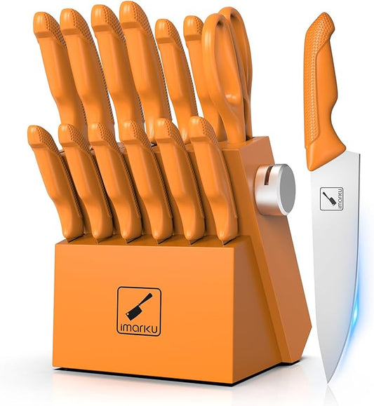 imarku Knife Set, Sharp Block Knife Set with Built-in Sharpener, Japanese Stainless Steel with Non-Slip Ergonomic Handle, Dishwasher Safe, Kitchen Gifts for Man Woman, Best For Home gift, Burnt Orange