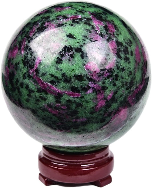 JIC Gem Natural Quartz Crystal Ball Ruby Zoisite Gemstone Sphere with Decoative Stand Red&Green Treasure Healing Crystal Ball for Meditation Grid Decor (80-90mm)